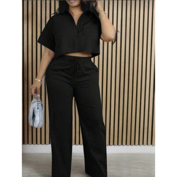SHEIN 2 Piece Black Lounge Set Crop Button Top Wide Leg Pants 0X Plus - Picture 1 of 8